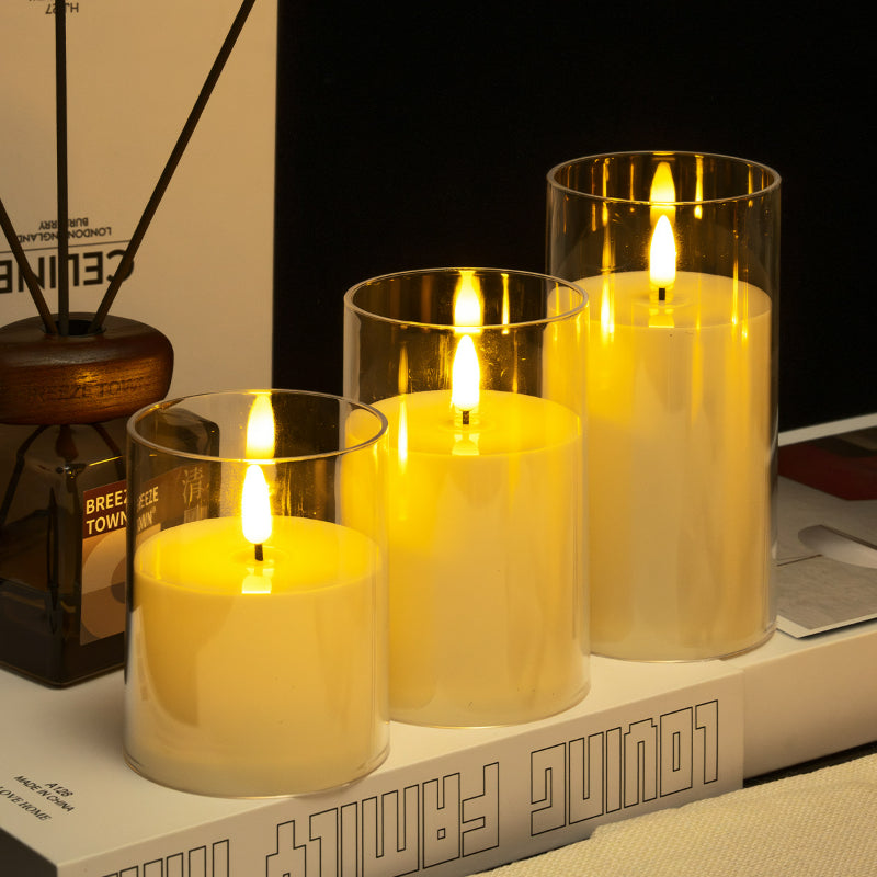 Glass cylinder LED candle ivory teardrop wick 3-piece set