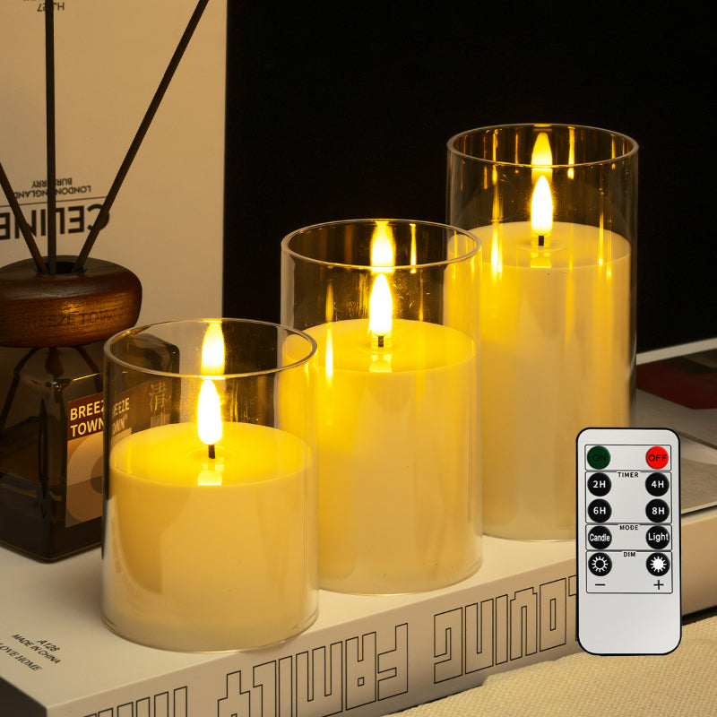 Glass cylinder LED candle ivory teardrop wick 3-piece set with remote