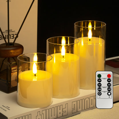 Glass cylinder LED candle ivory teardrop wick 3-piece set with remote