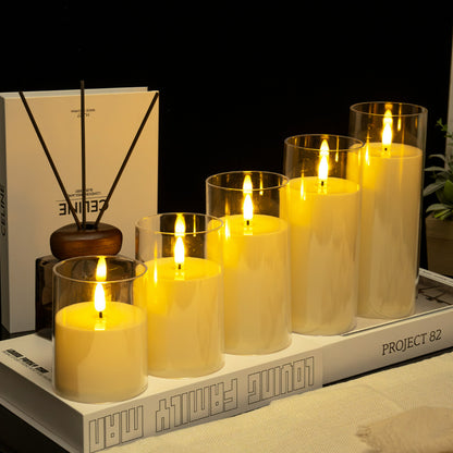 Glass cylinder LED candle ivory teardrop wick 5-piece set