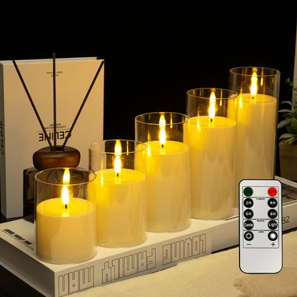 Glass cylinder LED candle ivory teardrop wick 5-piece set with remote