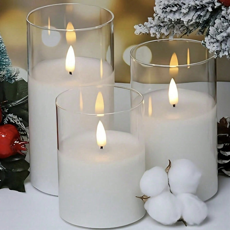 Glass cylinder LED candle white teardrop wick 3-piece set