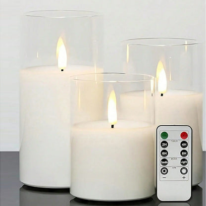 Glass cylinder LED candle white teardrop wick 3-piece set with remote