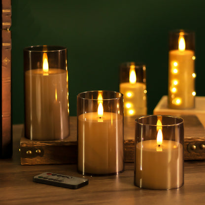 Glass cylinder LED candle grey glass teardrop wick 3-piece set