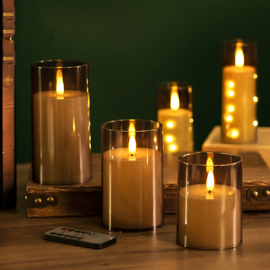 Glass cylinder LED candle grey glass teardrop wick 3-piece set