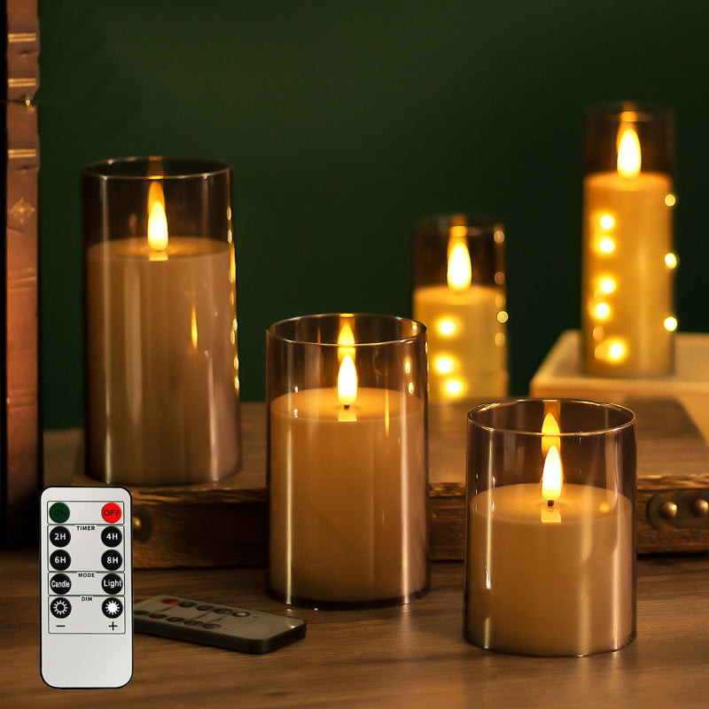Glass cylinder LED candle grey glass teardrop wick 3-piece set with remote