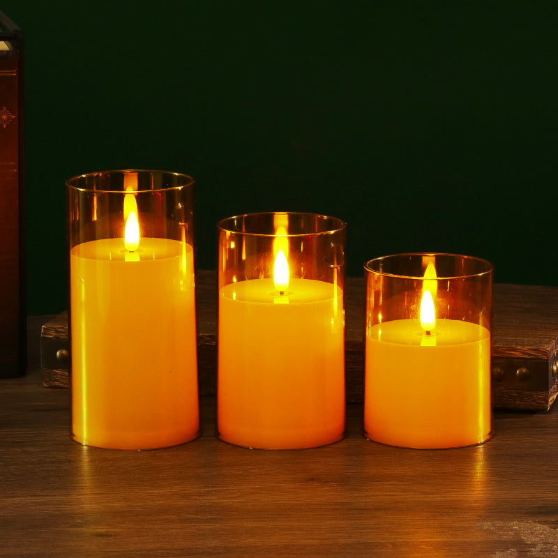 Glass cylinder LED candle gold glass teardrop wick 3-piece set