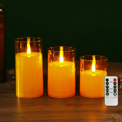 Glass cylinder LED candle gold glass teardrop wick 3-piece set with remote