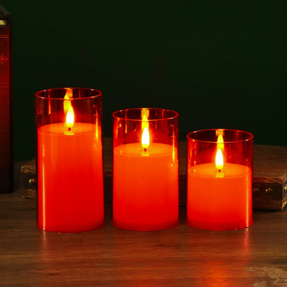 Glass cylinder LED candle red glass teardrop wick 3-piece set