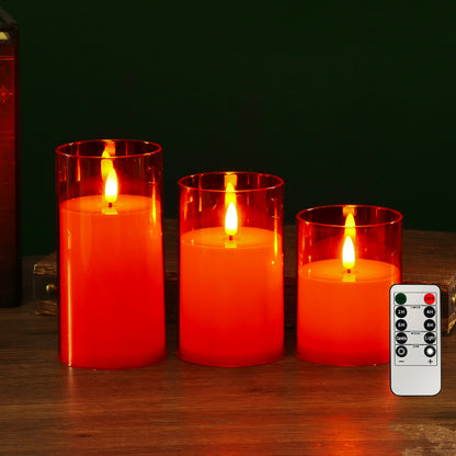Glass cylinder LED candle red glass teardrop wick 3-piece set with remote