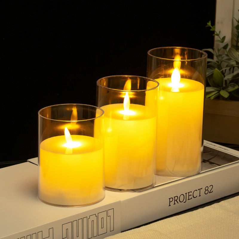 Glass cylinder LED candle ivory moving flame 3-piece set