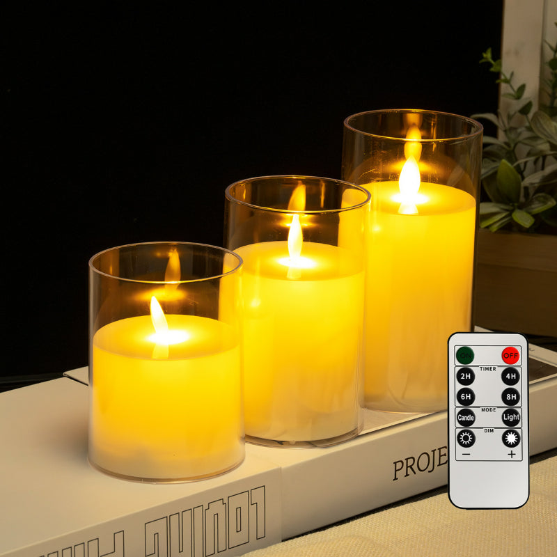 Glass cylinder LED candle ivory moving flame 3-piece set with remote
