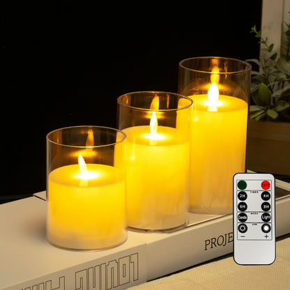 Glass cylinder LED candle ivory moving flame 3-piece set with remote