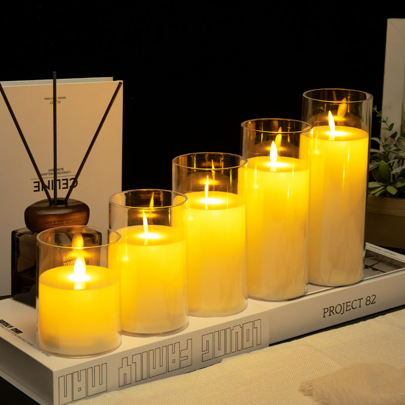 Glass cylinder LED candle ivory moving flame 5-piece set