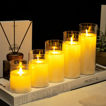 Glass cylinder LED candle ivory moving flame 5-piece set