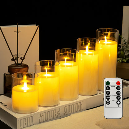 Glass cylinder LED candle ivory moving flame 5-piece set with remote