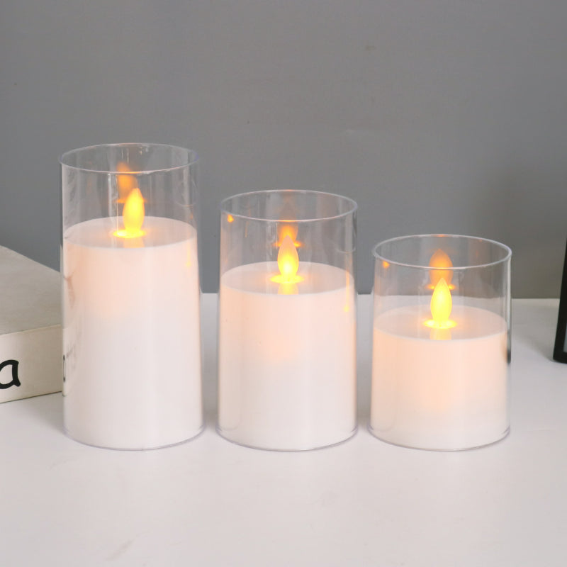 Glass cylinder LED candle white moving flame 3-piece set