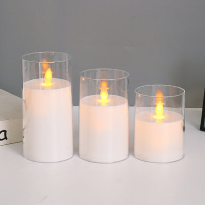 Glass cylinder LED candle white moving flame 3-piece set