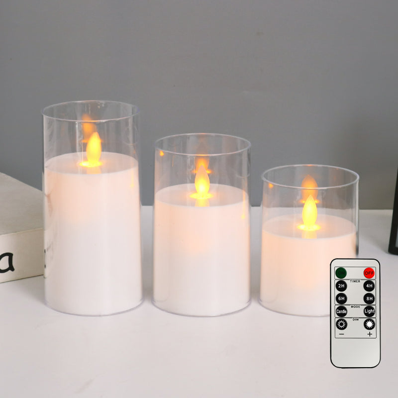 Glass cylinder LED candle white moving flame 3-piece set with remote