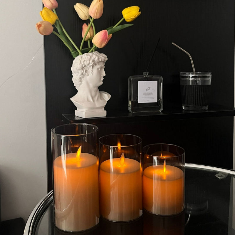 Glass cylinder LED candle grey glass moving flame 3-piece set