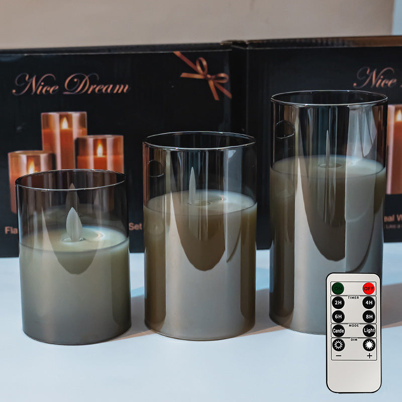 Glass cylinder LED candle grey glass moving flame 3-piece set with remote