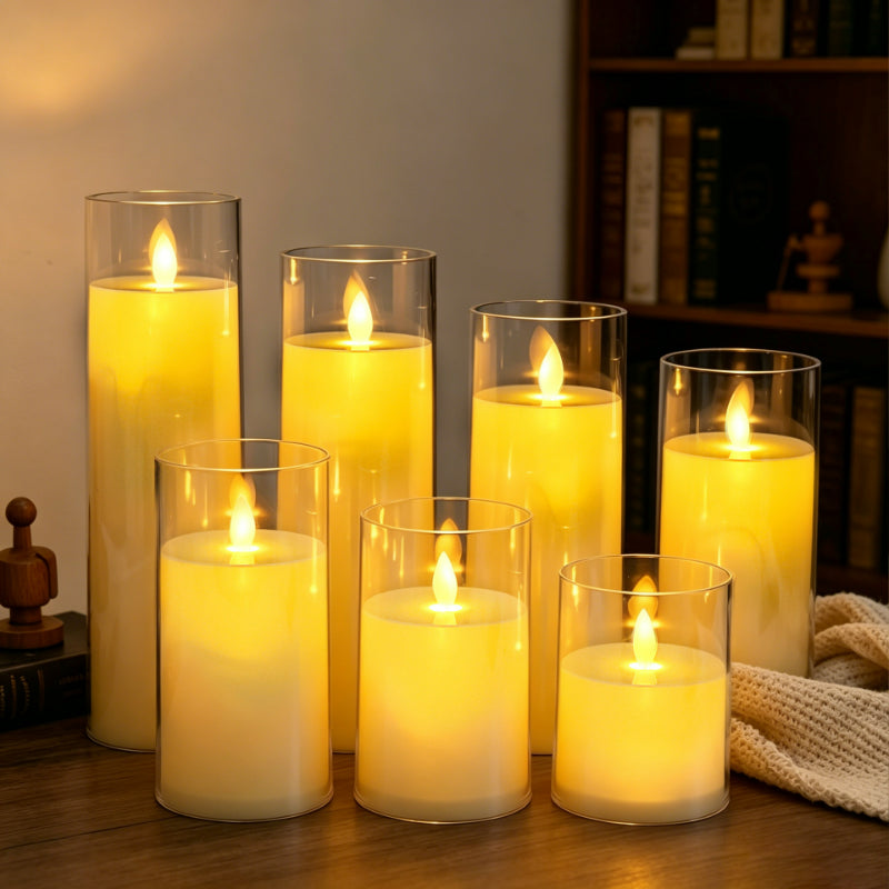 Glass cylinder LED candle tiered centerpiece set illuminated for wedding and event decor