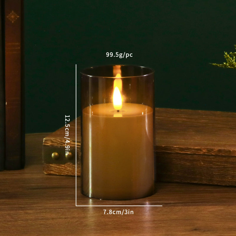 Glass cylinder LED candle grey glass teardrop wick 7.5x12.5cm