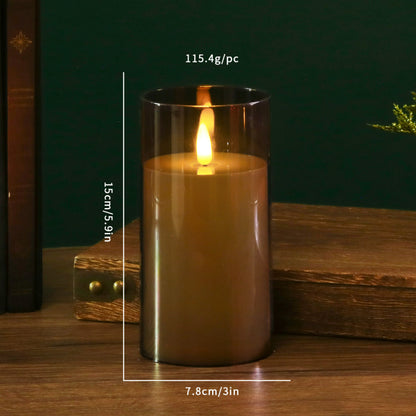 Glass cylinder LED candle grey glass teardrop wick 7.5x15cm