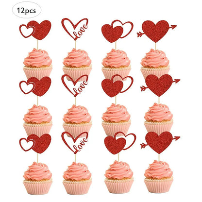 Glitter cardstock cupcake picks 12-piece assorted red heart and love set on cupcakes