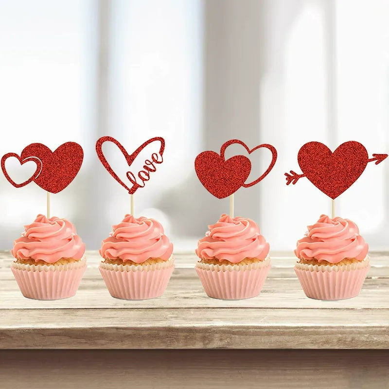 Glitter cardstock cupcake picks 4 assorted heart design lineup on cupcakes