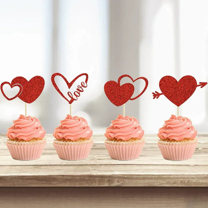 Glitter cardstock cupcake picks 4 assorted heart design lineup on cupcakes