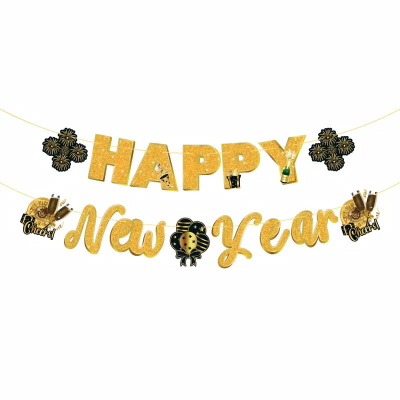 2027 Happy New Year Bunting Banner Set – Black & Gold Hanging Garland Decorations for NYE Party, Photo Booth Backdrop & Home Celebration