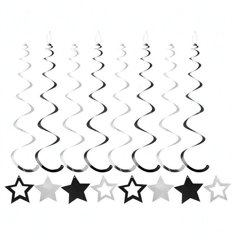 Star hanging swirls classic black and metallic silver spiral coils