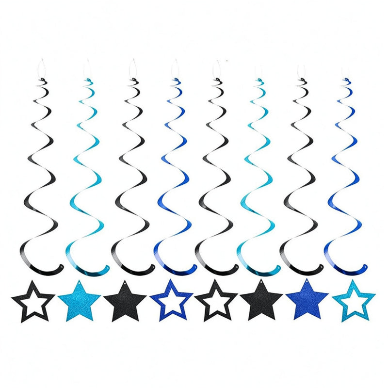 Star hanging swirls black navy blue and sky blue streamers