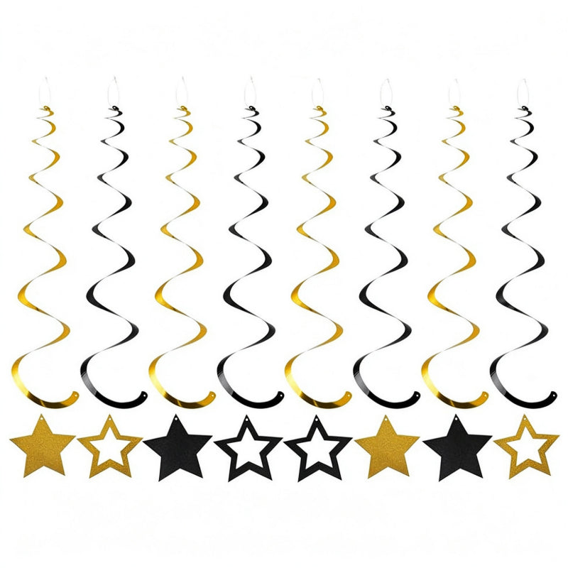 Star hanging swirls black and metallic gold glitter streamers
