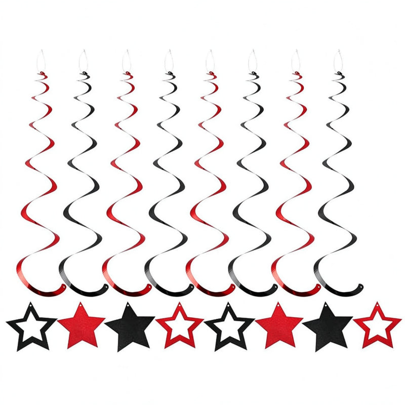 Star hanging swirls black and bright red ceiling streamers