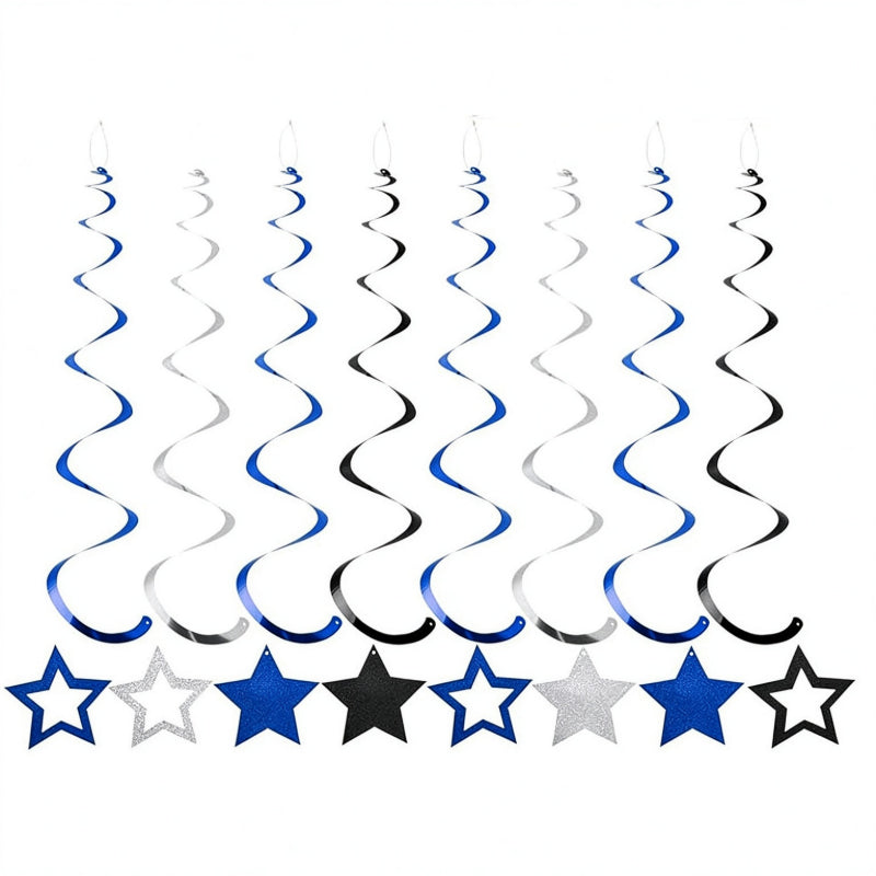 Star hanging swirls black navy blue and silver foil streamers