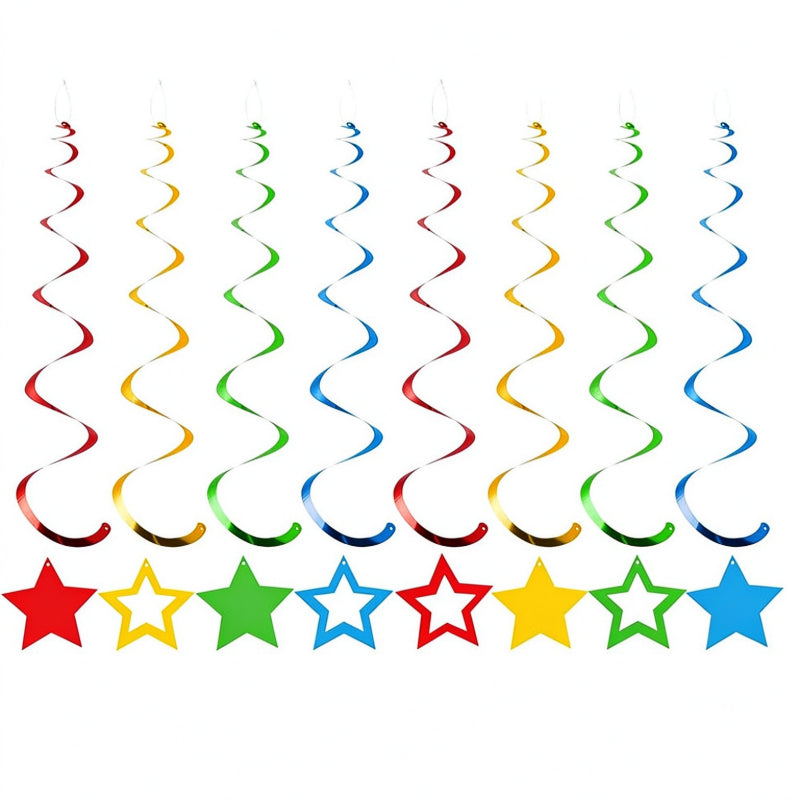Star hanging swirls red green gold and light blue pendants