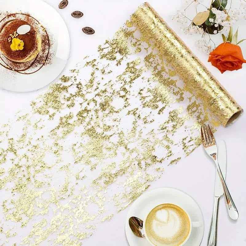 Gold Foil Mesh Table Runner – Disposable Tablecloth for Christmas, Wedding, Party & Halloween Decor (Gold/Silver/Black Gold/Rose Gold, 28cm x 2.75m/5m/10m/15m/20m/30m)