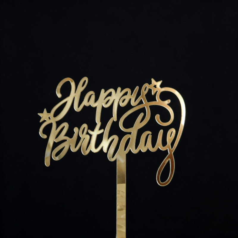 Gold acrylic cake topper Happy Birthday script with star accents 9cm width