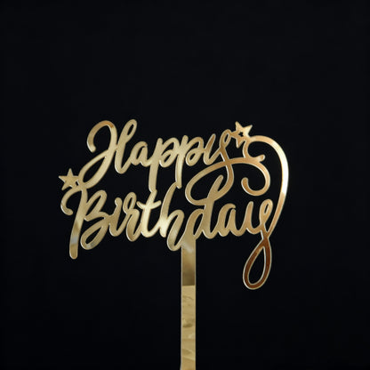 Gold acrylic cake topper Happy Birthday script with star accents 9cm width