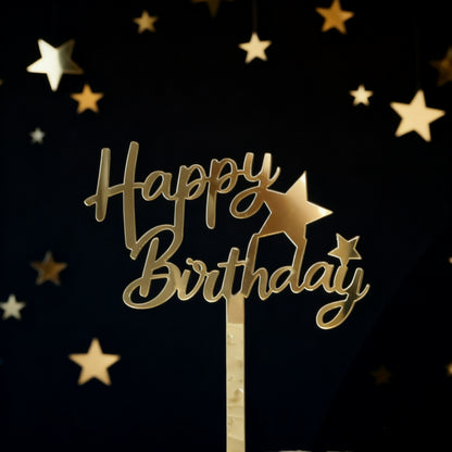 Gold acrylic cake topper Happy Birthday cursive script with twin stars 9.2cm width
