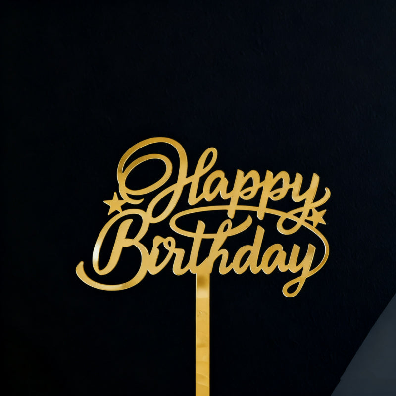 Gold acrylic cake topper round Happy Birthday plaque with stars 9cm width