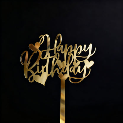 Gold acrylic cake topper flourish calligraphy with double hearts 10cm width