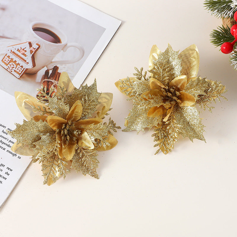 Realistic Faux Christmas Flowers with Glitter – Artificial Poinsettia Heads for Wreath Making, Tree Ornaments & Holiday DIY Projects (Champagne/Red‑Gold/Gold/Silver/Red, 14cm)