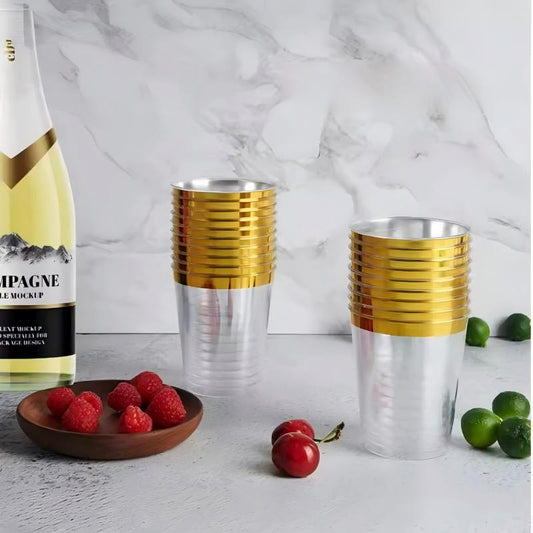 Gold Rim Disposable Hard Plastic Cups 300ML/10OZ - Elegant for Tiramisu & Party
