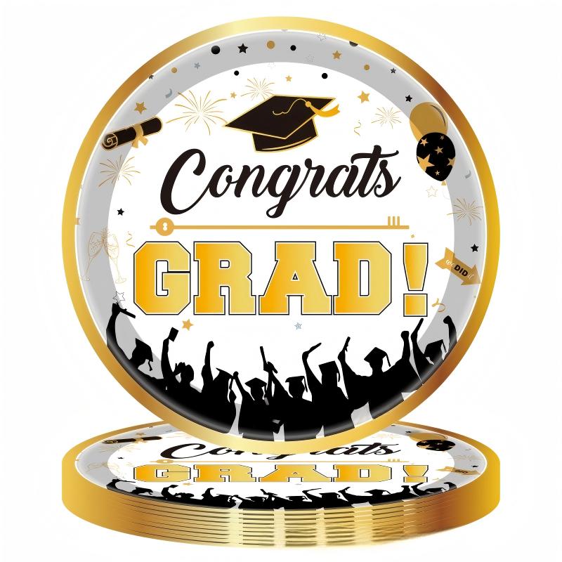Gold Graduation Party Tableware Set | Disposable Plates, Cups, Napkins & Cutlery | 2026