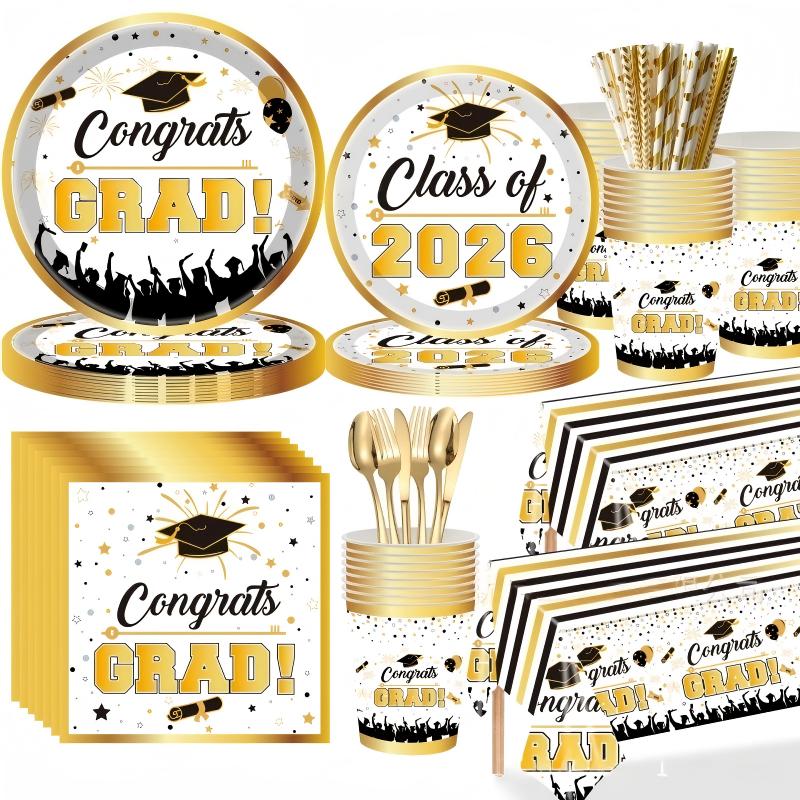 Gold Graduation Party Tableware Set | Disposable Plates, Cups, Napkins & Cutlery | 2026