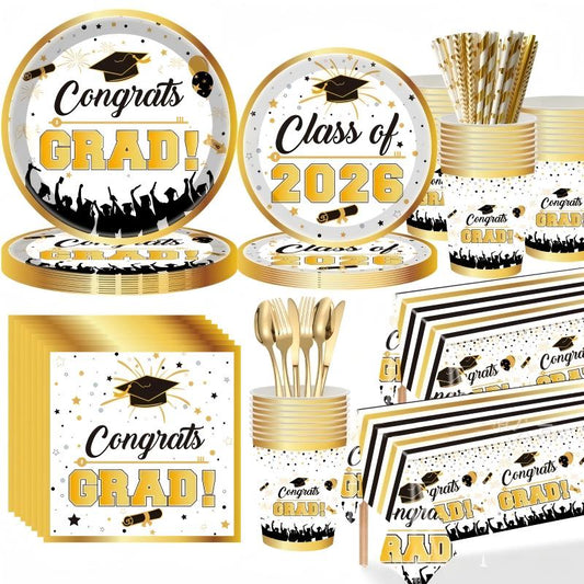 Gold Graduation Party Tableware Set | Disposable Plates, Cups, Napkins & Cutlery | 2026