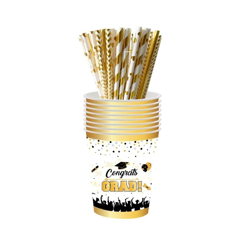 Gold Graduation Party Tableware Set | Disposable Plates, Cups, Napkins & Cutlery | 2026